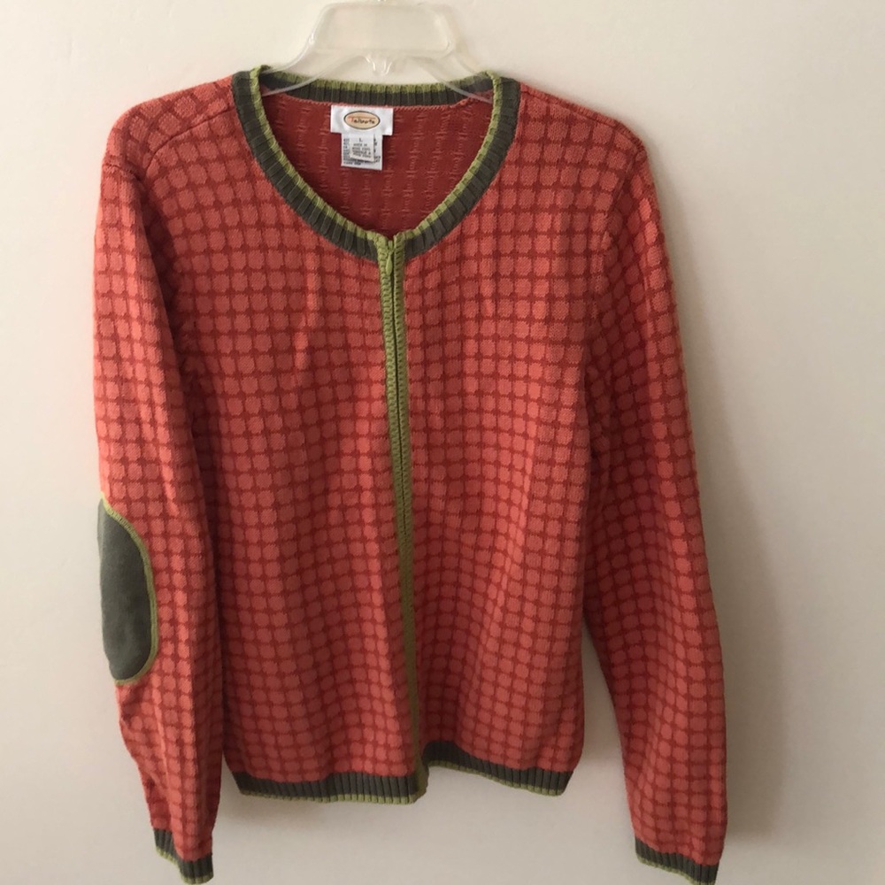Vintage women’s zipper sweater with elbow patches.